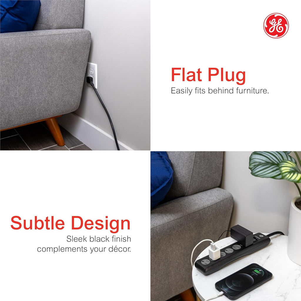 Sur Protector Power Strip, 15 Ft Extension Cord, 6 Outlet Extender, 800 Joules, Flat Plug, Twist-To-Close Safety Covers, ETL Listed, Black, 50767
