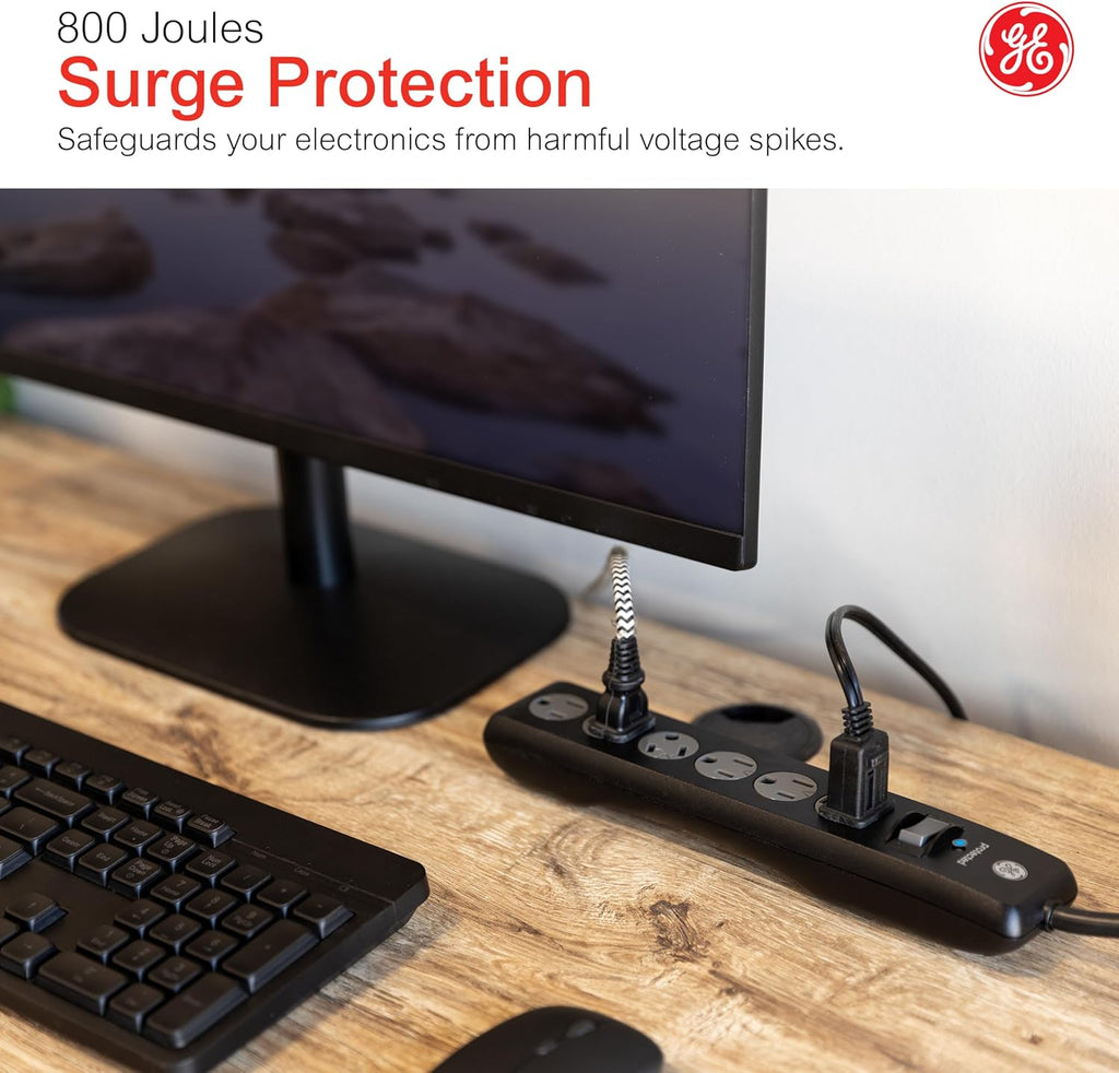 Sur Protector Power Strip, 15 Ft Extension Cord, 6 Outlet Extender, 800 Joules, Flat Plug, Twist-To-Close Safety Covers, ETL Listed, Black, 50767