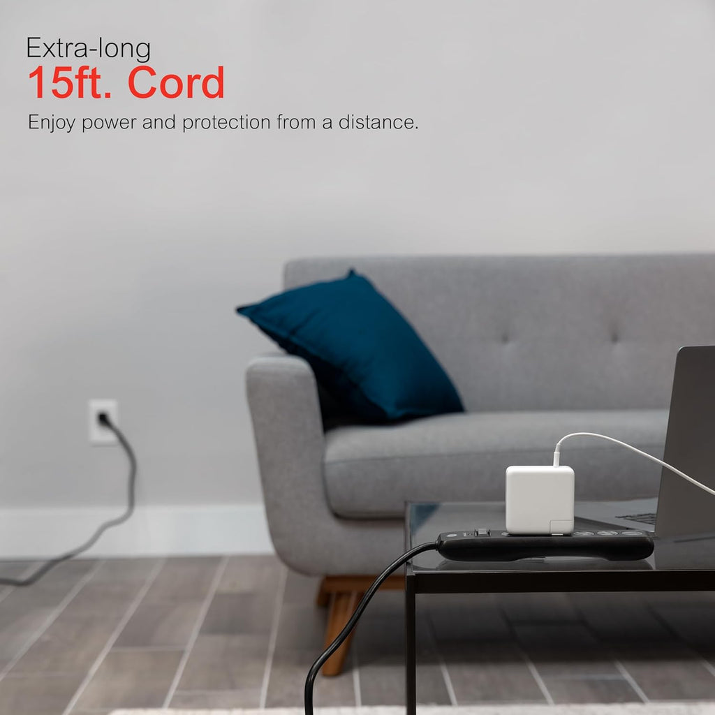 Sur Protector Power Strip, 15 Ft Extension Cord, 6 Outlet Extender, 800 Joules, Flat Plug, Twist-To-Close Safety Covers, ETL Listed, Black, 50767
