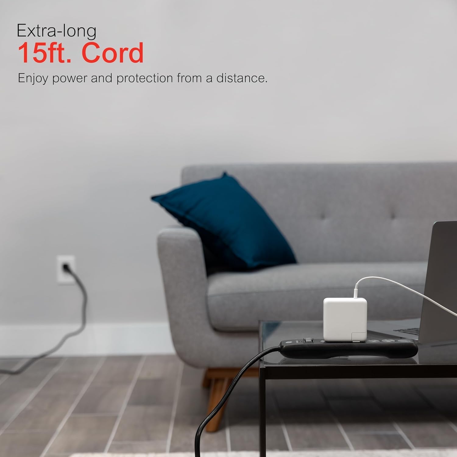Sur Protector Power Strip, 15 Ft Extension Cord, 6 Outlet Extender, 800 Joules, Flat Plug, Twist-To-Close Safety Covers, ETL Listed, Black, 50767